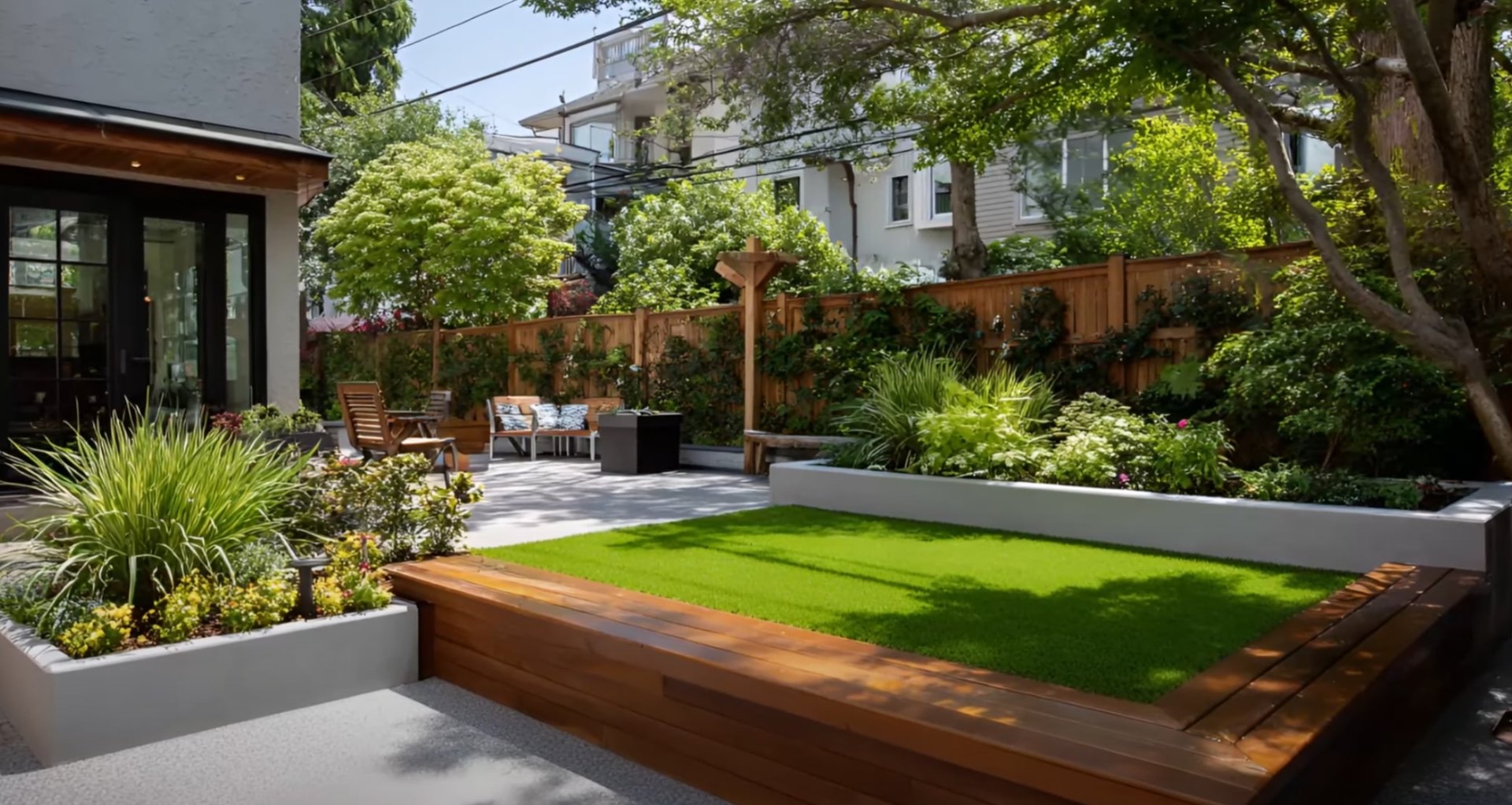 Contemporary backyard featuring raised garden beds, artificial turf, and modern hardscaping